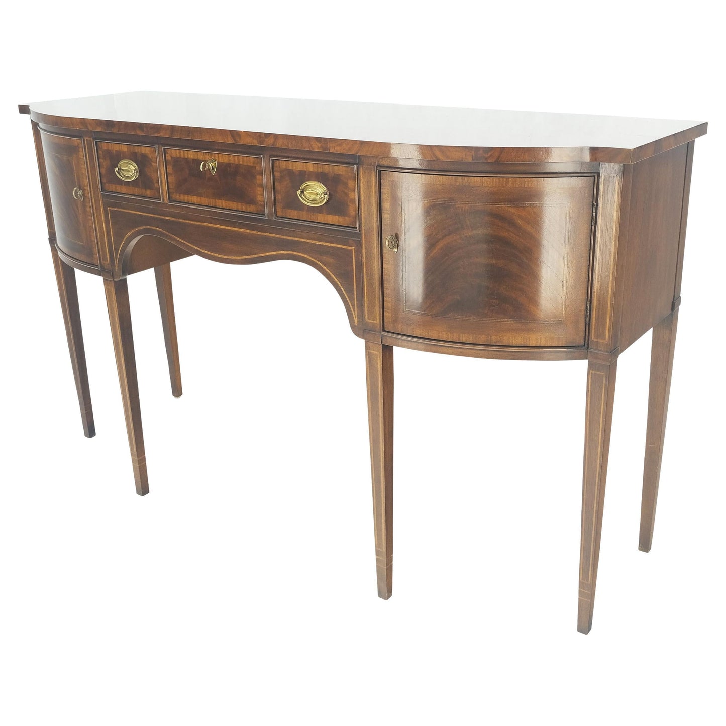 EstablishedLines Banded and Pencil Inlayed Mahogany Bow Front Federal Sideboard Brass Hardware