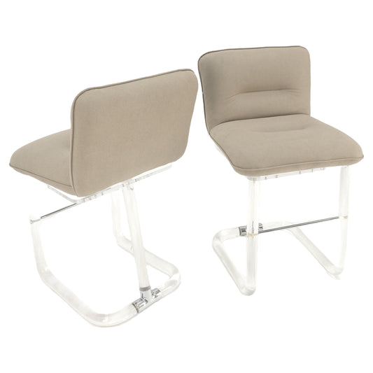 EstablishedLines Pair Bent Lucite 1970s New Alcantera Upholstery Swivel Barstool Chairs Chairs
