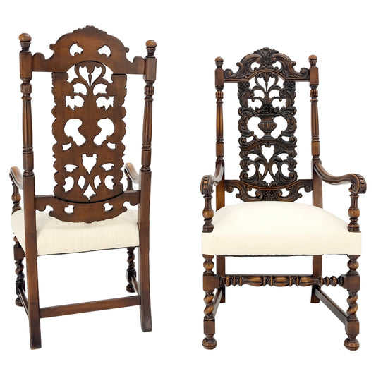 EstablishedLines Pair of Carved Walnut Tall Backs New Upholstery Fireside Arm Side Chairs MINT!