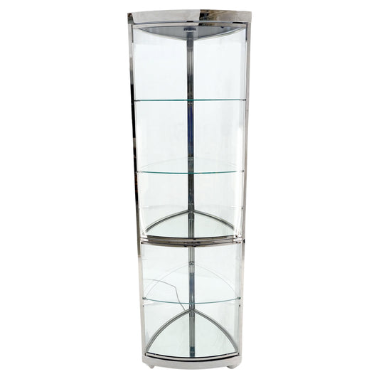 EstablishedLines Rounded Triangle Shape Bowed Glass & Chrome Shelves Display Case Vitrine MINT!