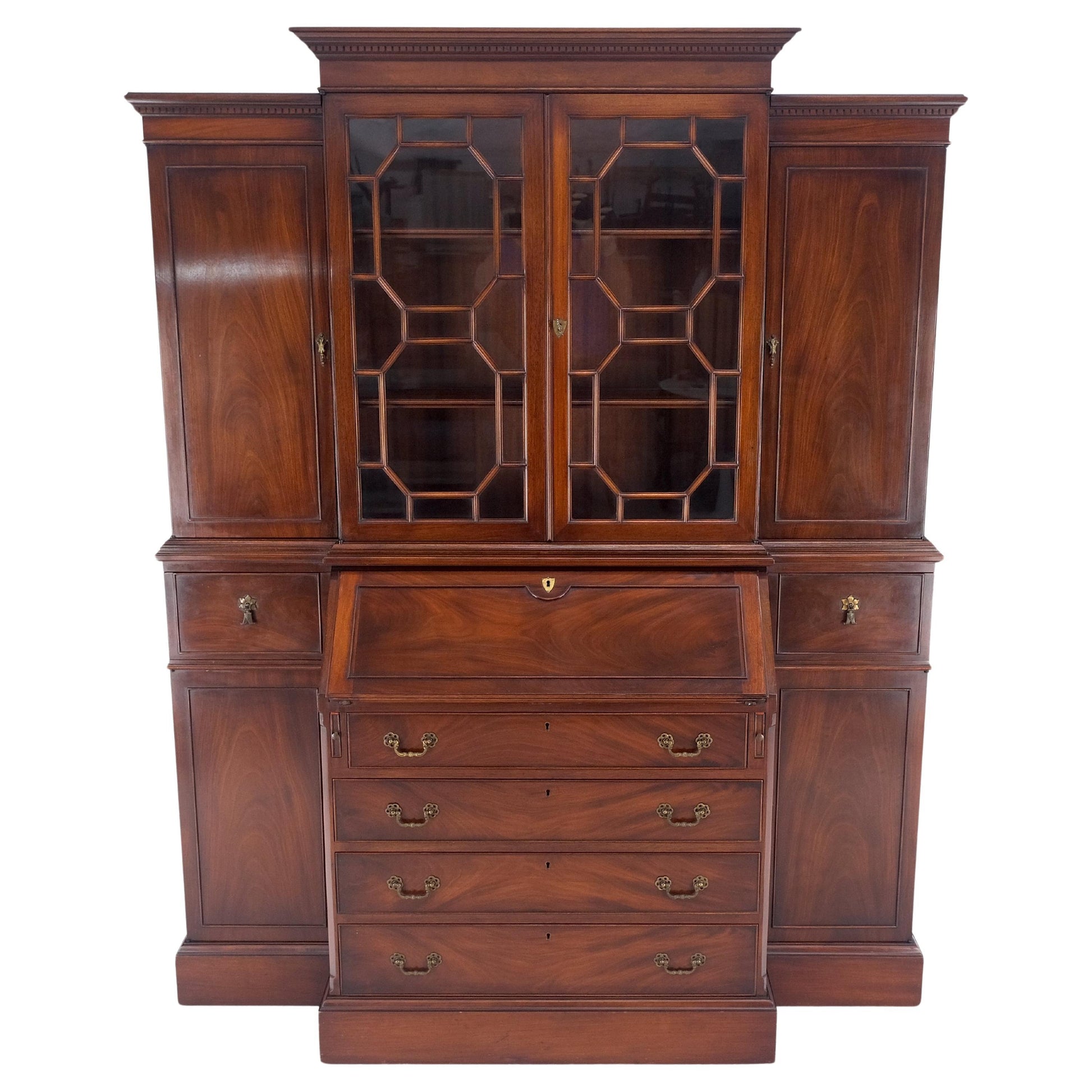 EstablishedLines Crotch Mahogany Individual Glass Pains Door Drop Front Secretary Breakfront MINT