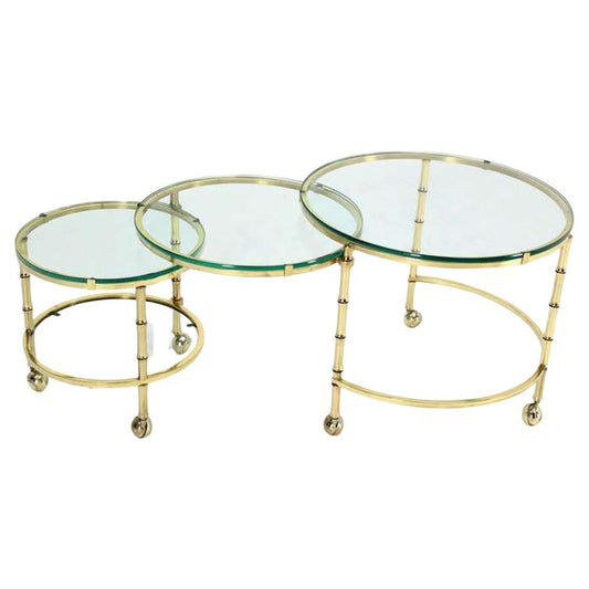 EstablishedLines Heavy Solid Bronze Faux Bamboo Expansion Round Nesting Coffee Side Tables MINT!