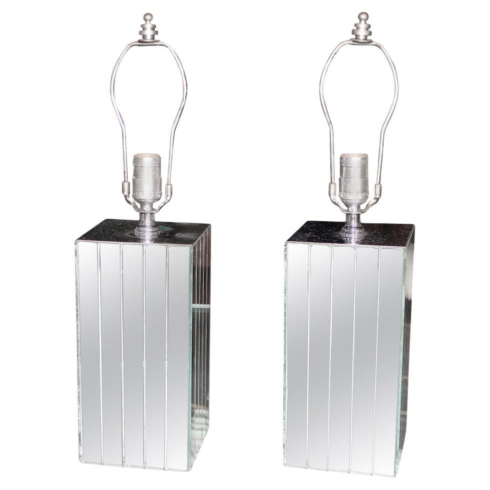 EstablishedLines Pair of Square Sky Scraper Shape Mid-Century Modern Mirrored Table Lamps MINT!