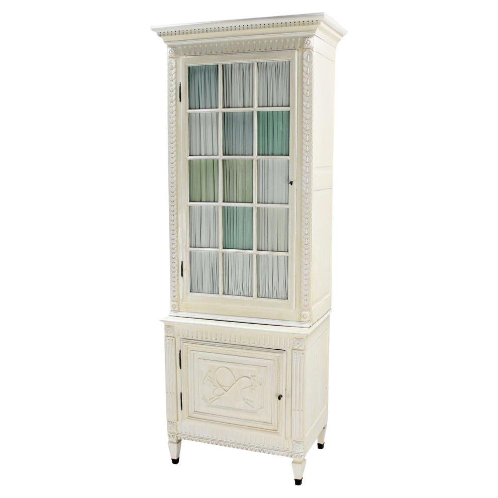 EstablishedLines Two Part Step Back Painted White Faux Finish Cupboard Green Blue Glass Vitrine