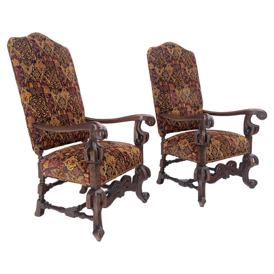 EstablishedLines Pair Gothic Oversized Heavily Carved Walnut Arm Chairs Tall Back Thrones MINT!