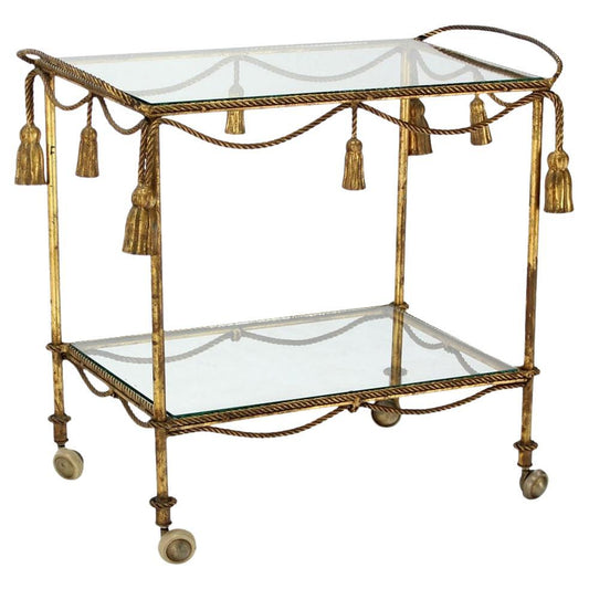 EstablishedLines Midcentury Italian Gold Gilt Metal Rope and Tassels Glass Top Bar Tea Cart Wheel