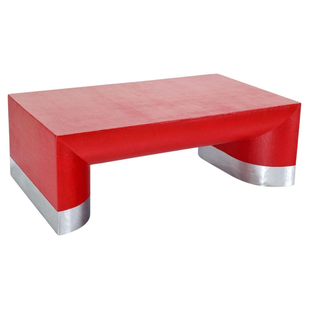 EstablishedLines Large Rectangle Grass Cloth Mid Century Modern Coffee Table in Fire Red MINT!