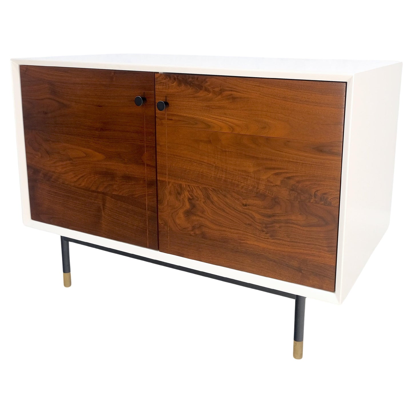 EstablishedLines White Lacquer Oiled Walnut Double Door Cylinder Legs Brass Tips Legs Credenza