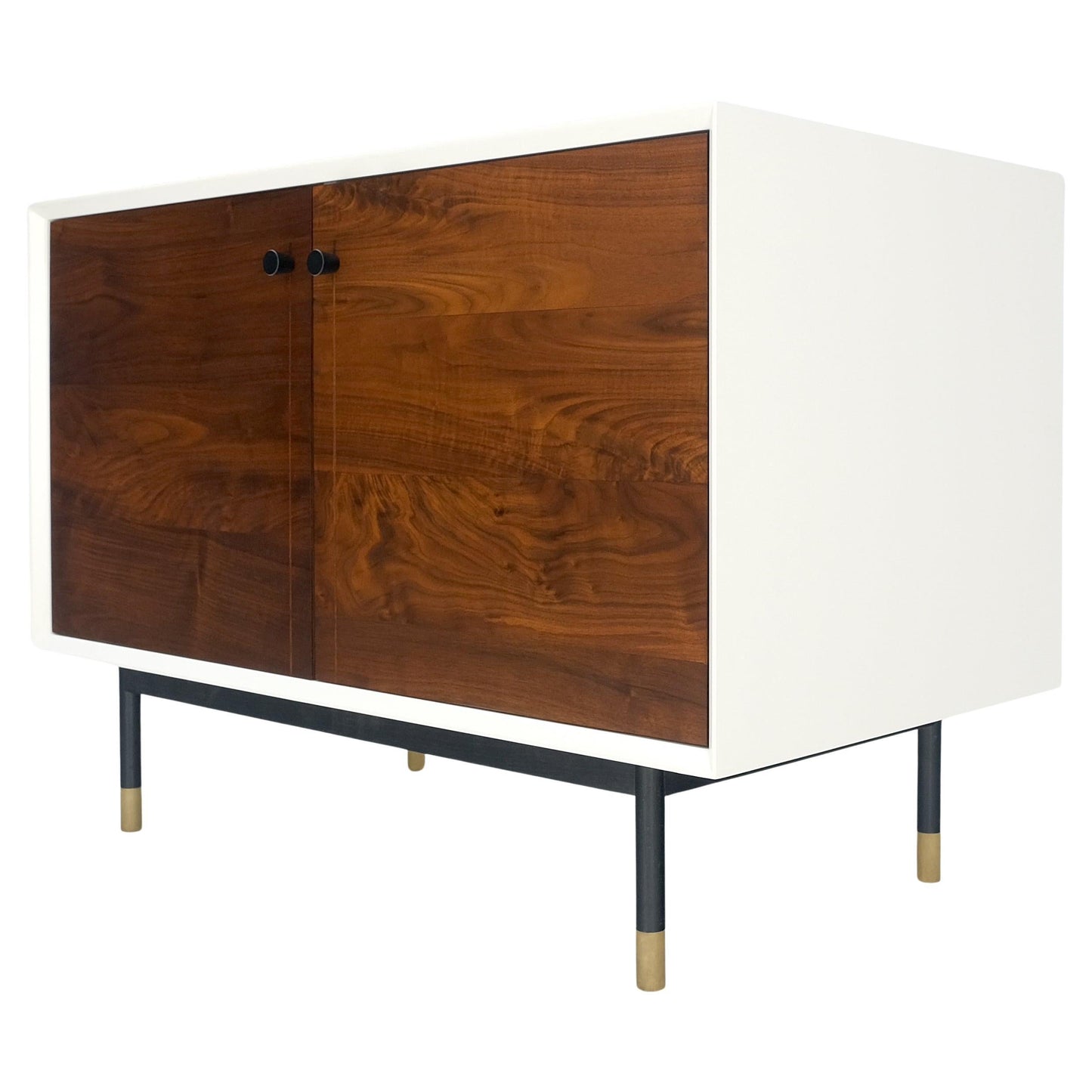 EstablishedLines White Lacquer Oiled Walnut Double Door Cylinder Legs Brass Tips Legs Credenza