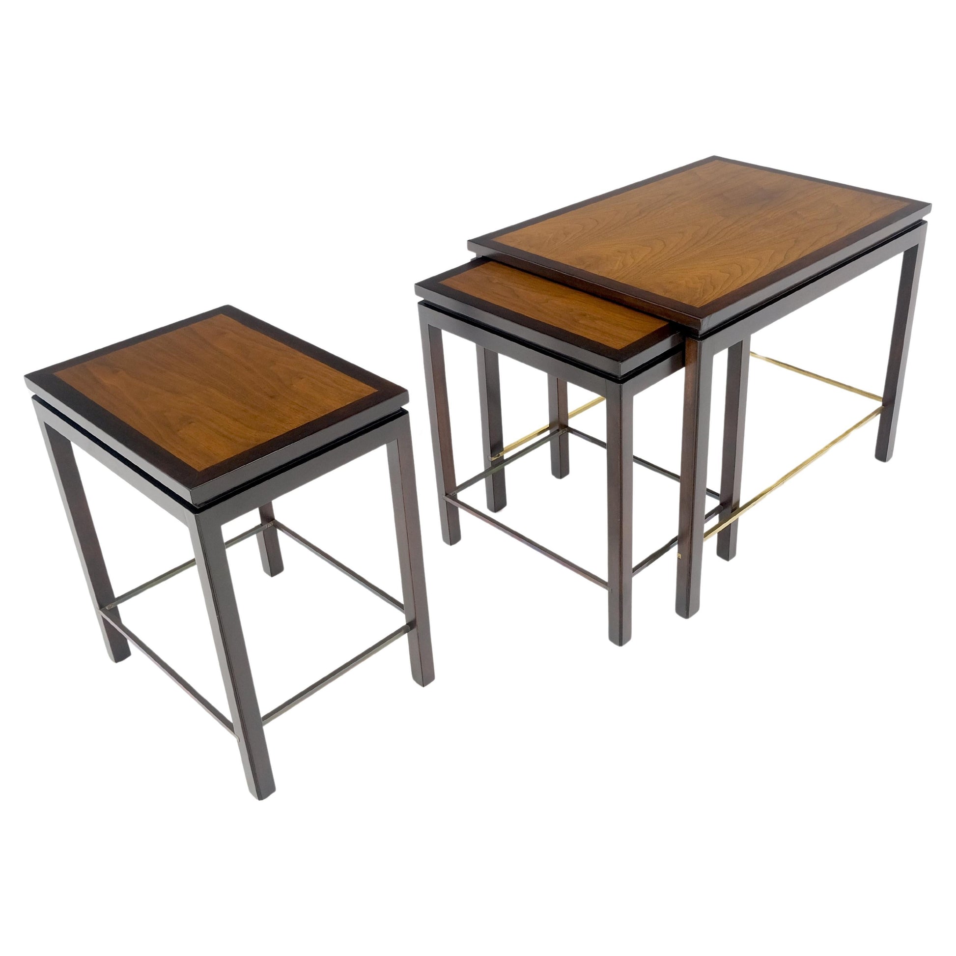 EstablishedLines Dunbar 1970s Ebonised Walnut Brass Stretcher Set of 3 Nesting Side End Tables