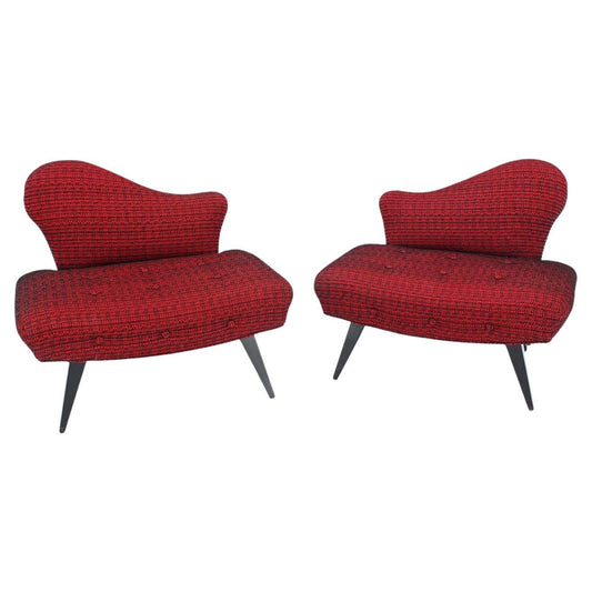 EstablishedLines Pair Red Upholstery Mid Century Modern Fireside Slipper Lounge Chairs Camel Back
