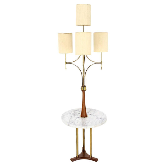 EstablishedLines Mid Century Modern Walnut Brass Floor Lamp Round Marble Top Side Table Torchere