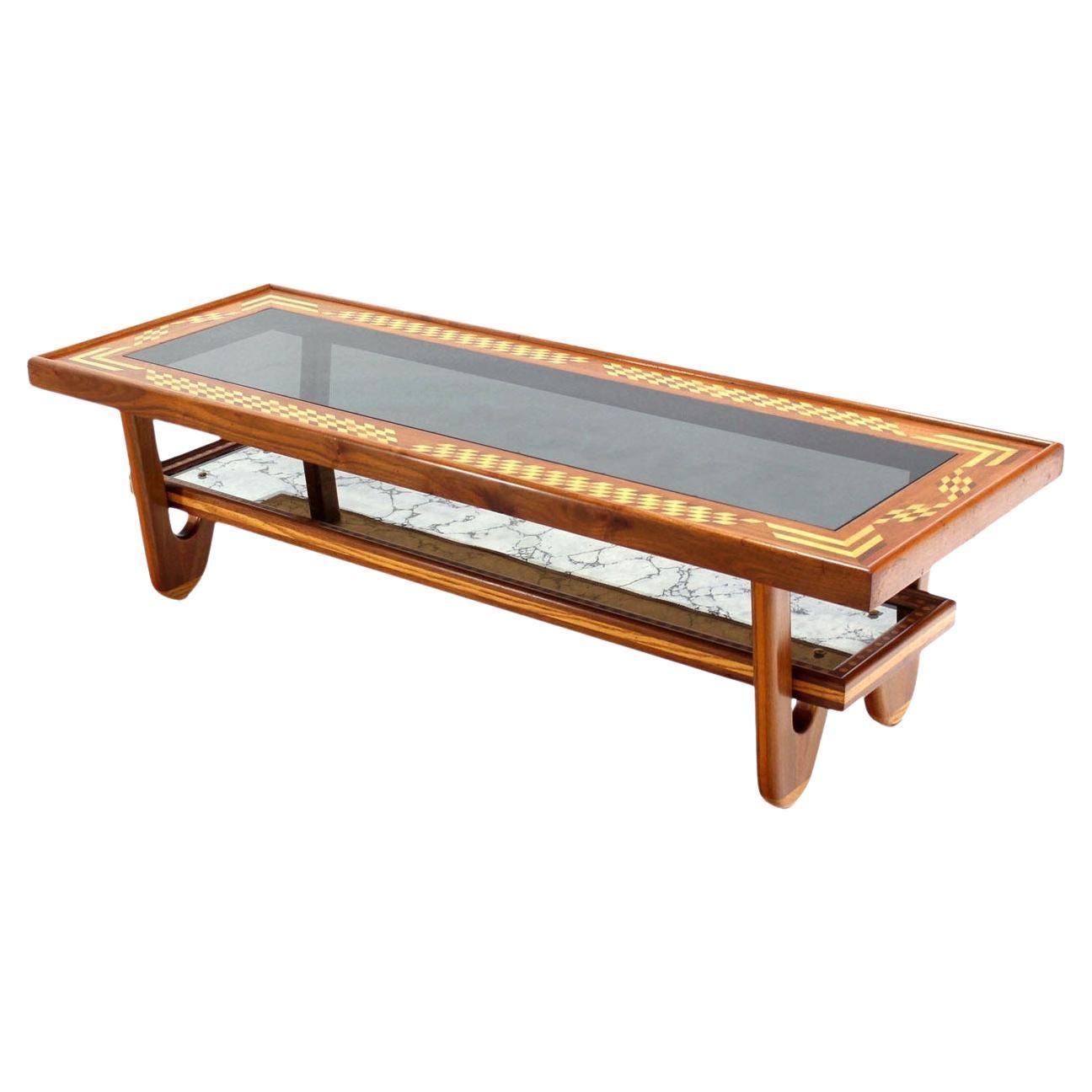 Walnut Hair Pin Leg Smoked Glass Marquetry Top Long Rectangle Coffee Table MINT