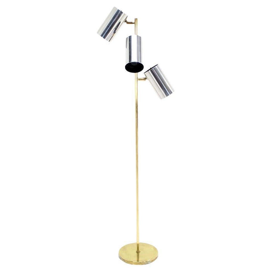 EstablishedLines Midcentury Brass Base Tripple Floor Lamp Three Fully Adjustable Chrome Shades