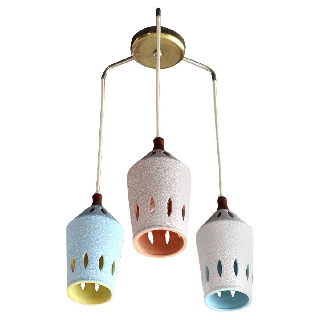 EstablishedLines Triple Colored Glazed Pierced Pottery Ceramic Shades Pendant Light Fixture MINT!