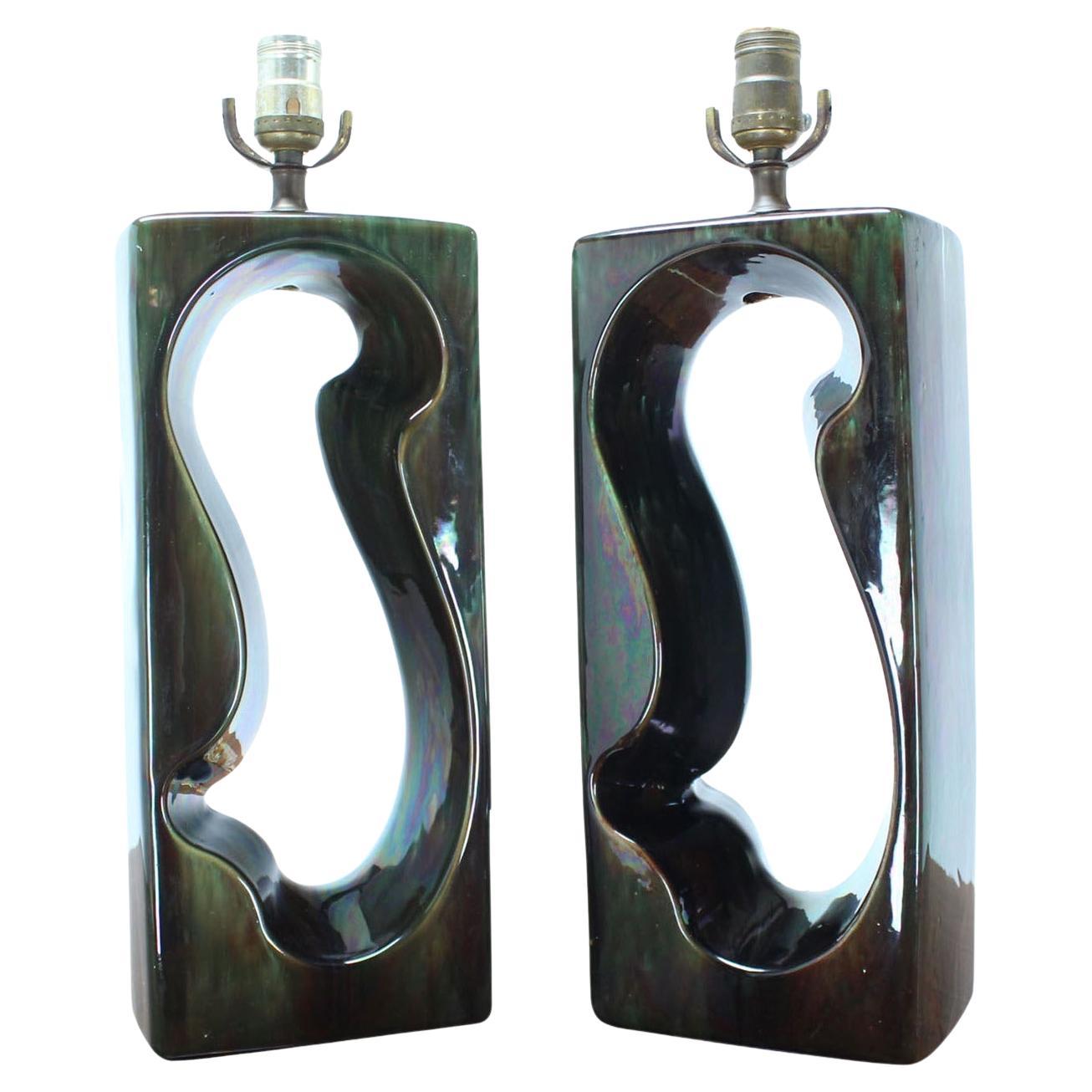 EstablishedLines Pierced Cube Shape Glazed to High Gloss Pottery Table Lamps MINT!