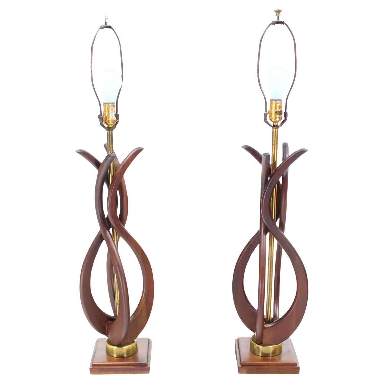 EstablishedLines Pair of Mid Century Modern Sculptural Flame Motive Oiled Walnut Table Lamps MINT