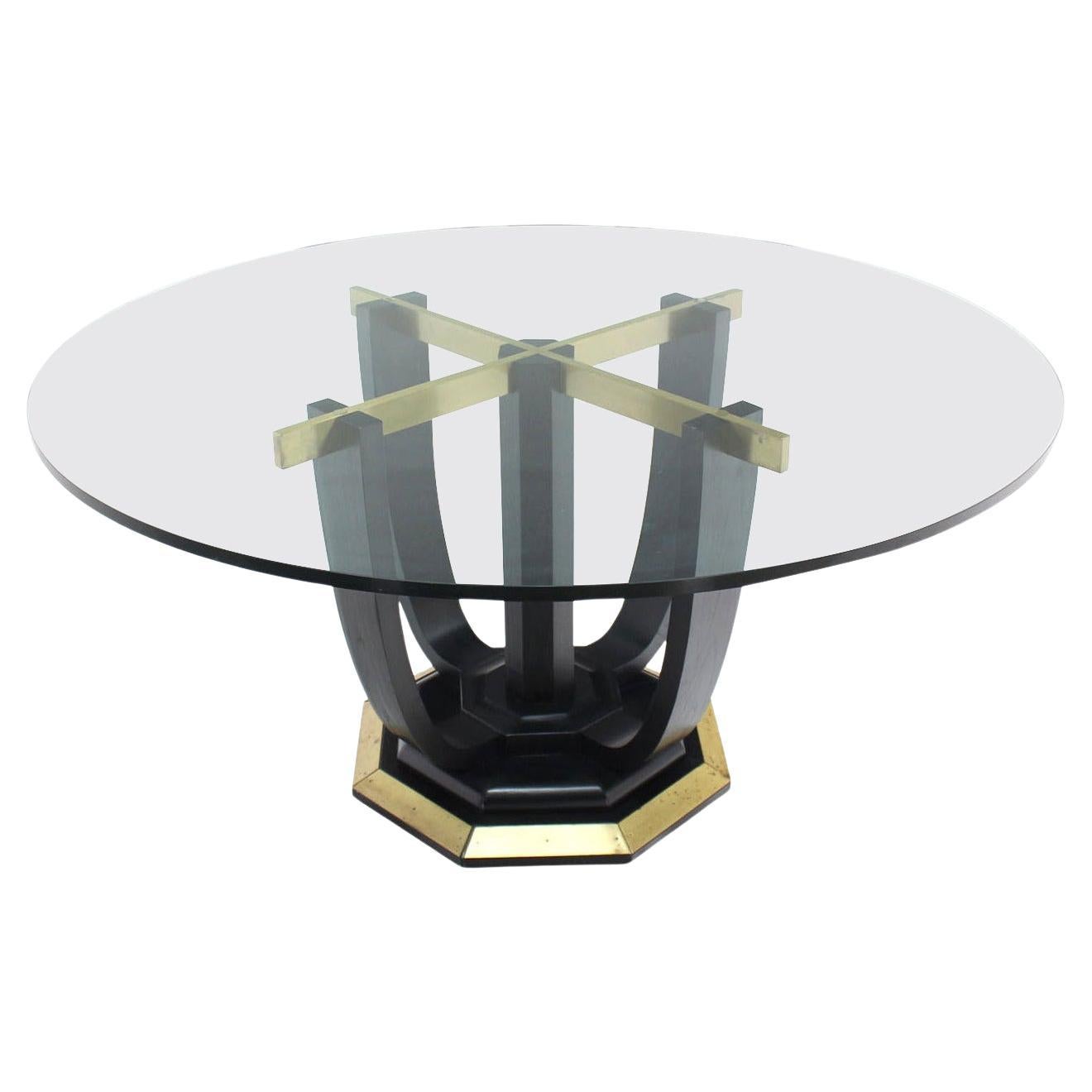 EstablishedLines Large Round Glass Top Figural Black Lacquer Bent Wood Brass Base Dining Table