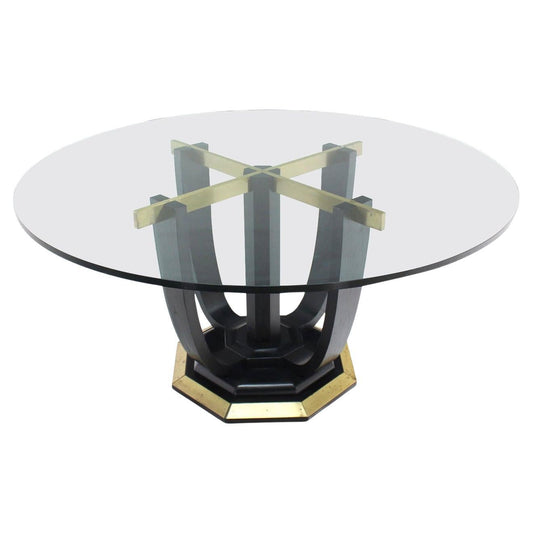 EstablishedLines Large Round Glass Top Figural Black Lacquer Bent Wood Brass Base Dining Table