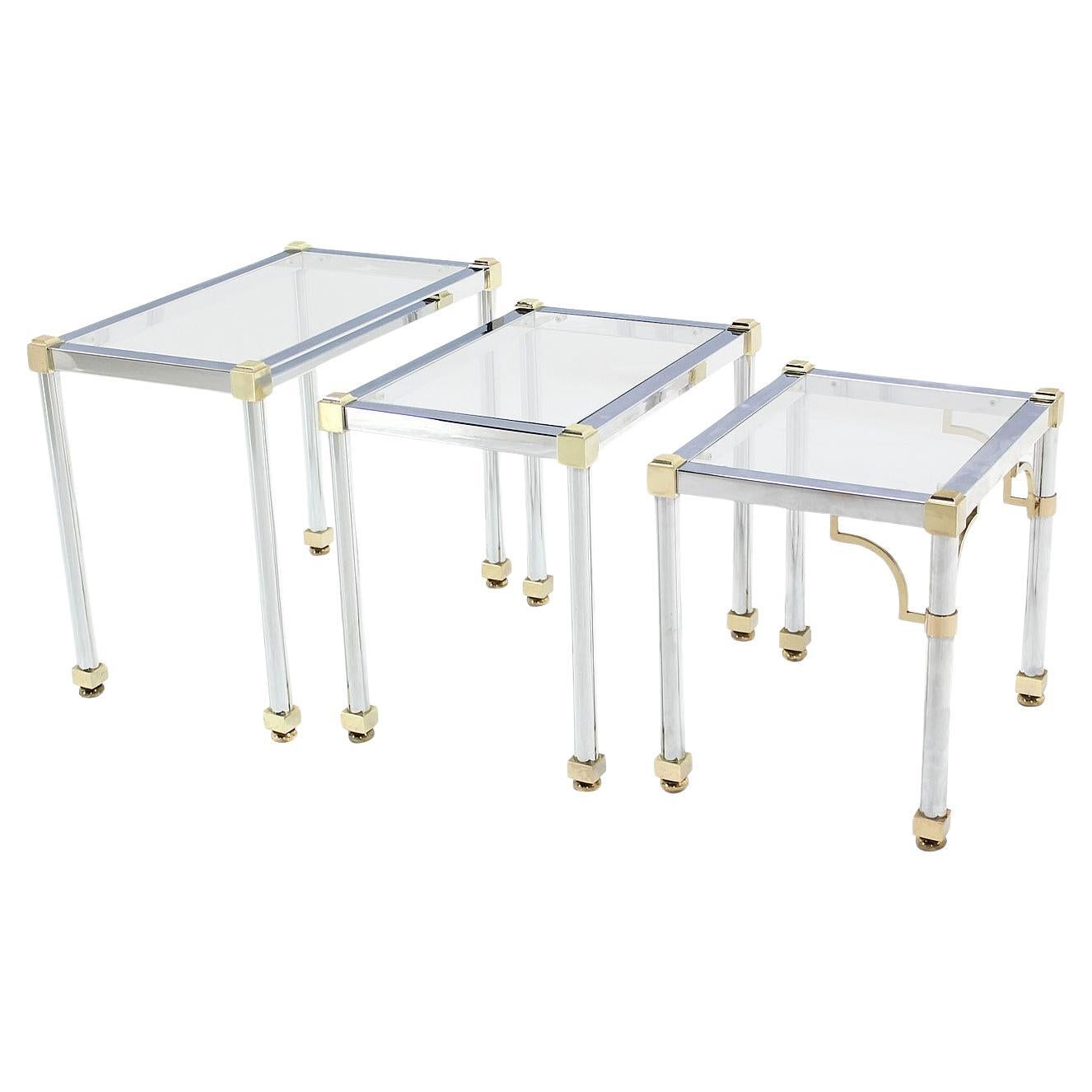 EstablishedLines Set of 3  Chrome and Brass Metal Glass Top Nesting Side End Occasional Tables