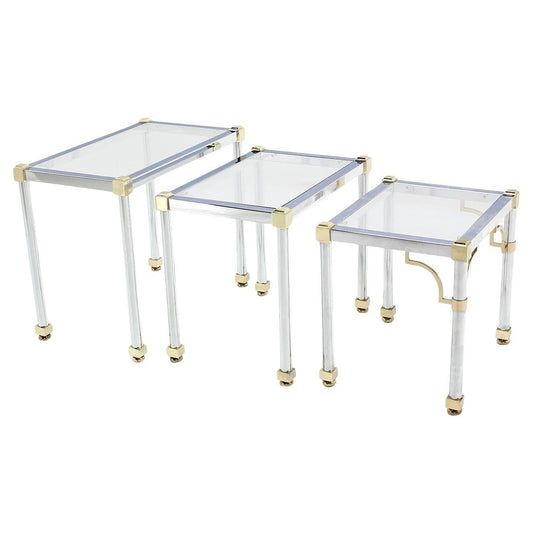 EstablishedLines Set of 3  Chrome and Brass Metal Glass Top Nesting Side End Occasional Tables