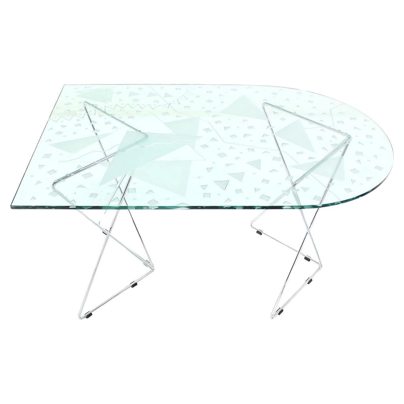 EstablishedLines George Rodrigue Art Glass Top Dining Table with Chrome Wire Base Artist Signed