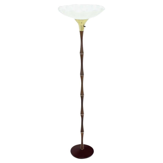 EstablishedLines Mid Century Modern Faux Bamboo Base Large Etched Glass Shade Floor Lamp Torchere