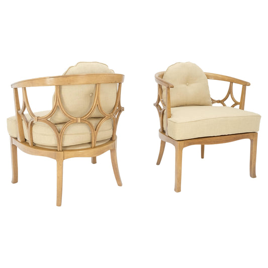 EstablishedLines Pair of New Gold Linen Upholstery Barrel Back Wrap Around Lounge Arm Chairs MINT