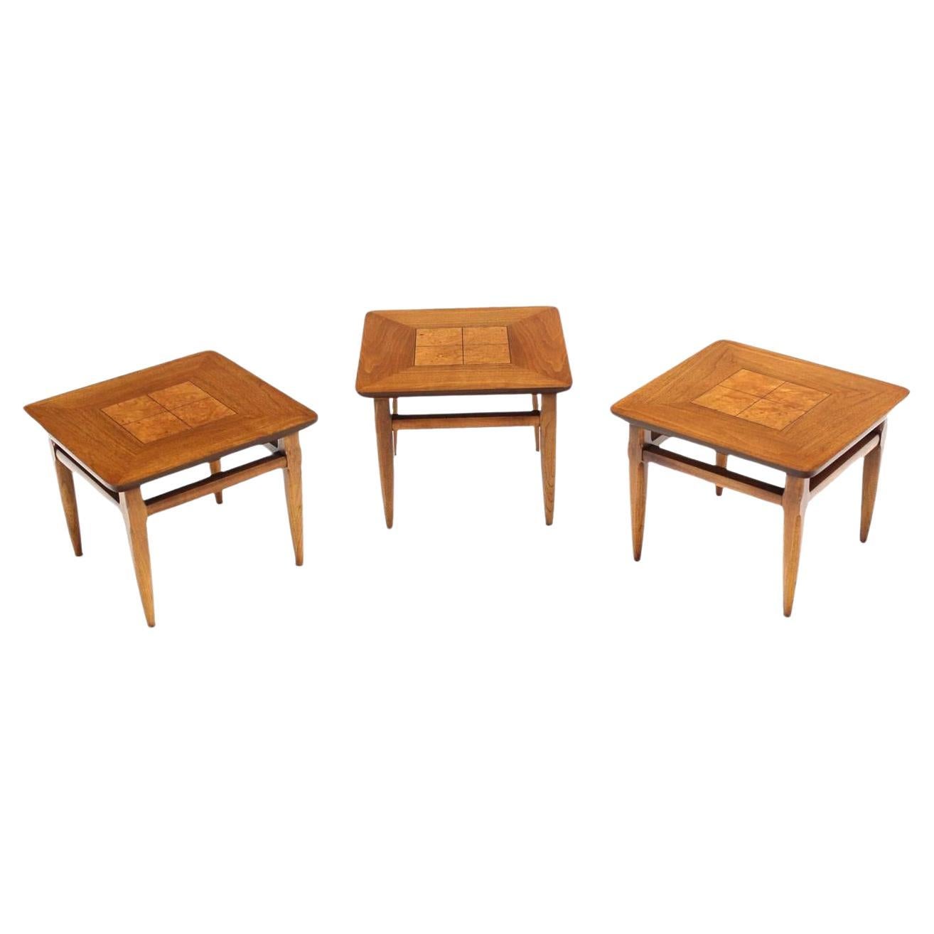 EstablishedLines Set 3 Three American Burl Walnut Square End Side Occasional Tables Stands MINT!