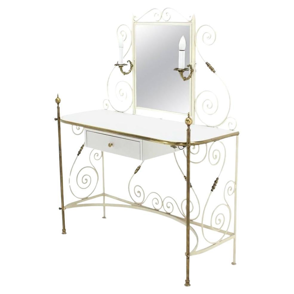 EstablishedLines Decorative Vanity Dressing Table Milk Glass Top Metal Scroll Brass Hardware