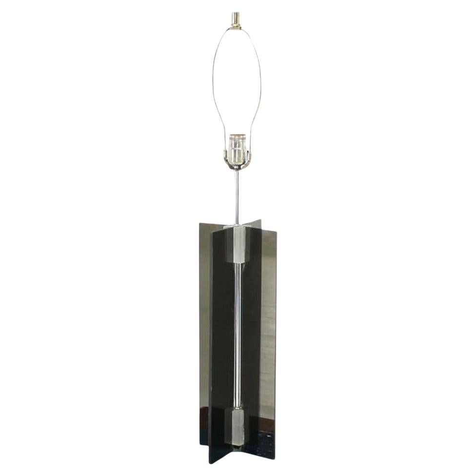 EstablishedLines Mid Century Modern c1970s Smoked Lucite X-Base Chrome Table Lamp