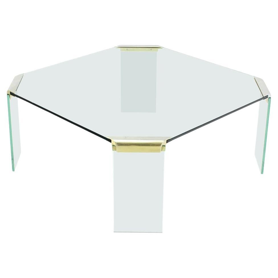 EstablishedLines Large Square Cut Corners Style Glass Top & Legs Brass Joint Coffee Table