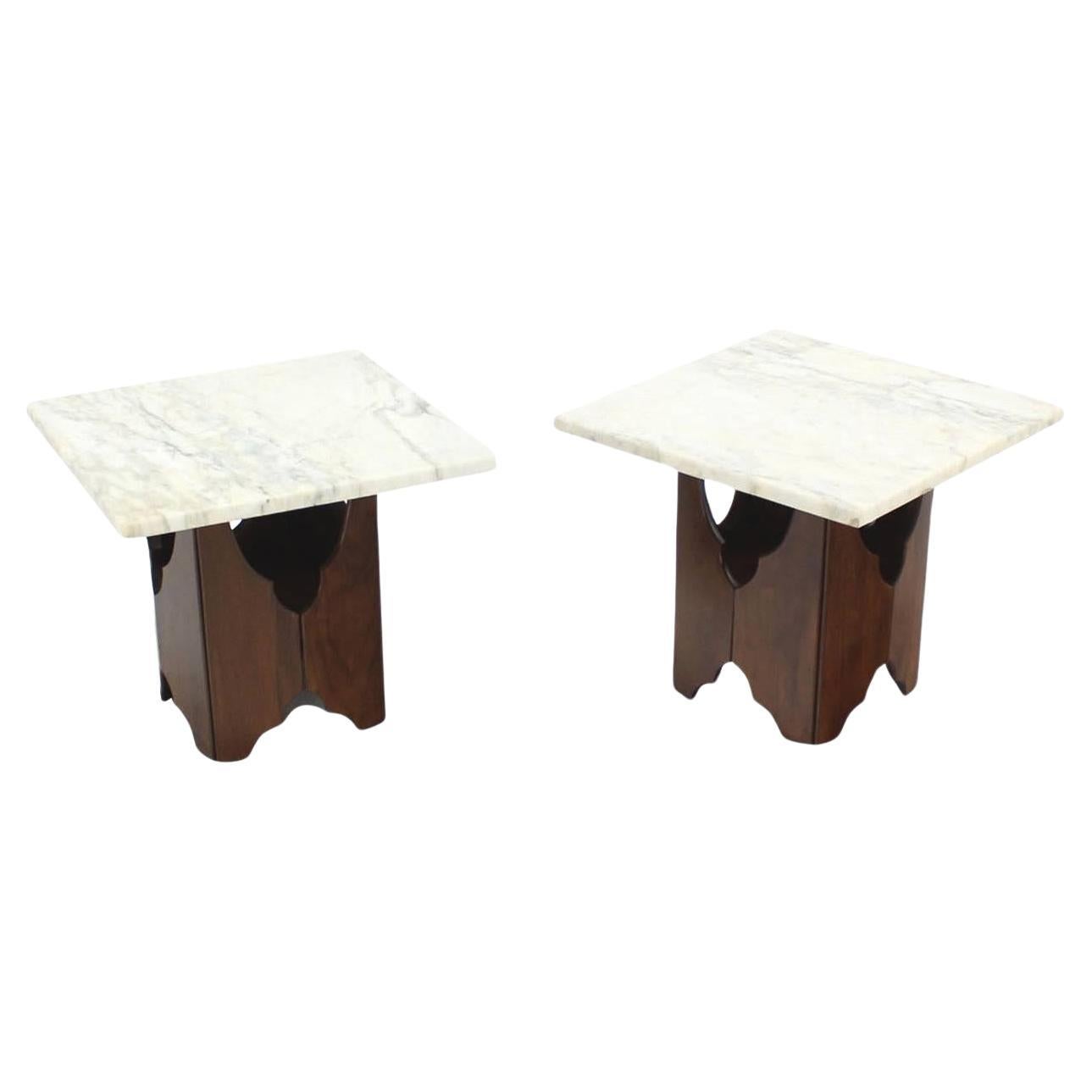 EstablishedLines Pair of Mid-Century Modern Walnut Base Square Marble Top End Side Tables MINT