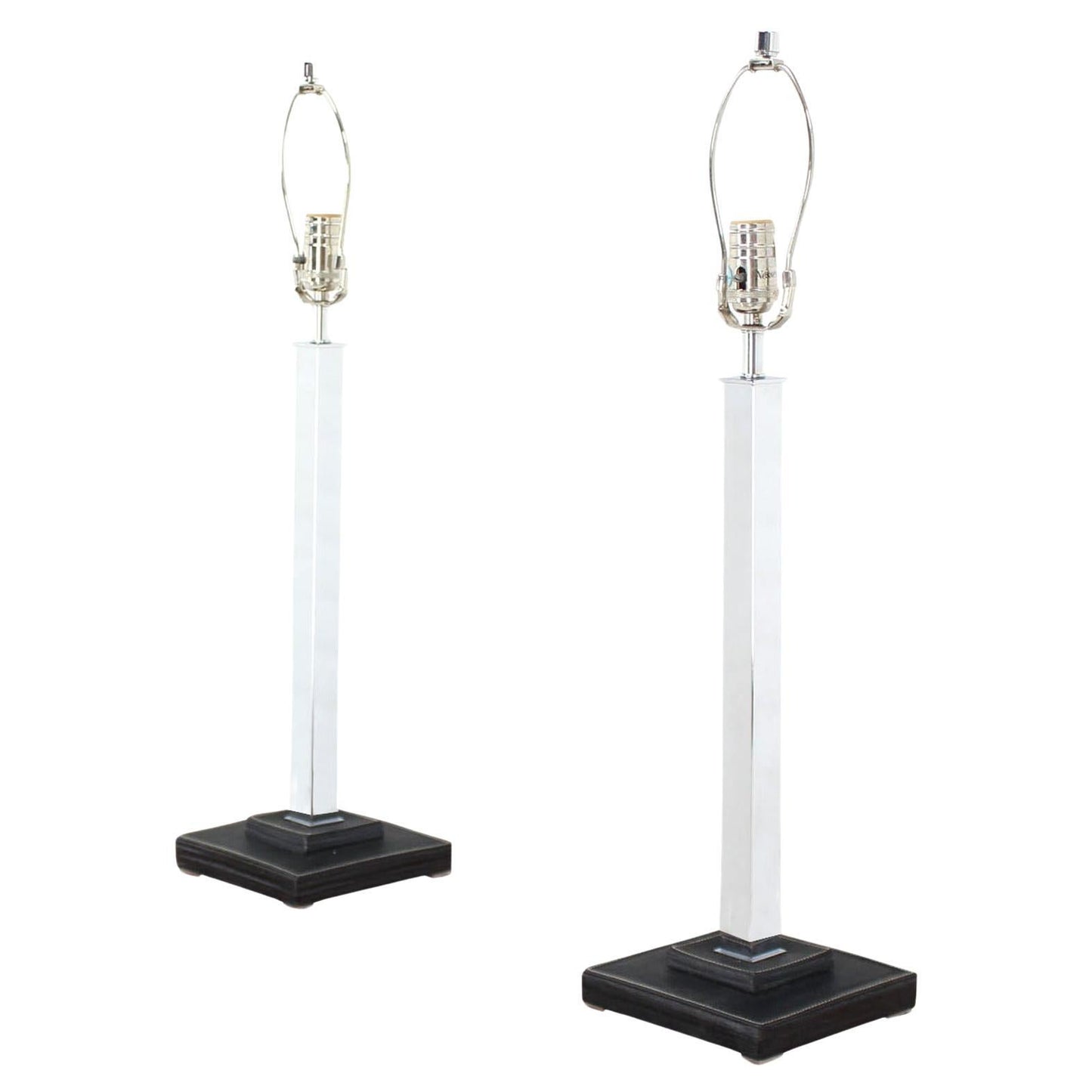 EstablishedLines Pair of Chrome Stitched Square Leather Bases Modern Table Lamps by Nessen MINT