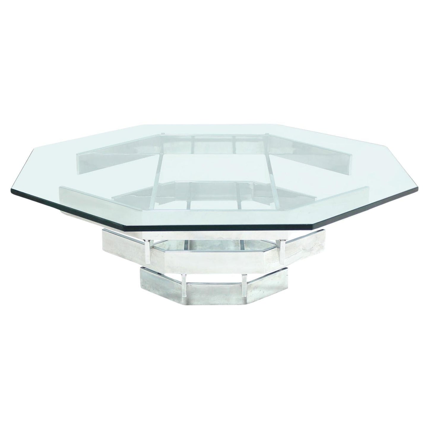 EstablishedLines Mid Century Modern Heavy "Stacked" Chrome Base Octagonal Glass Top Coffee Table