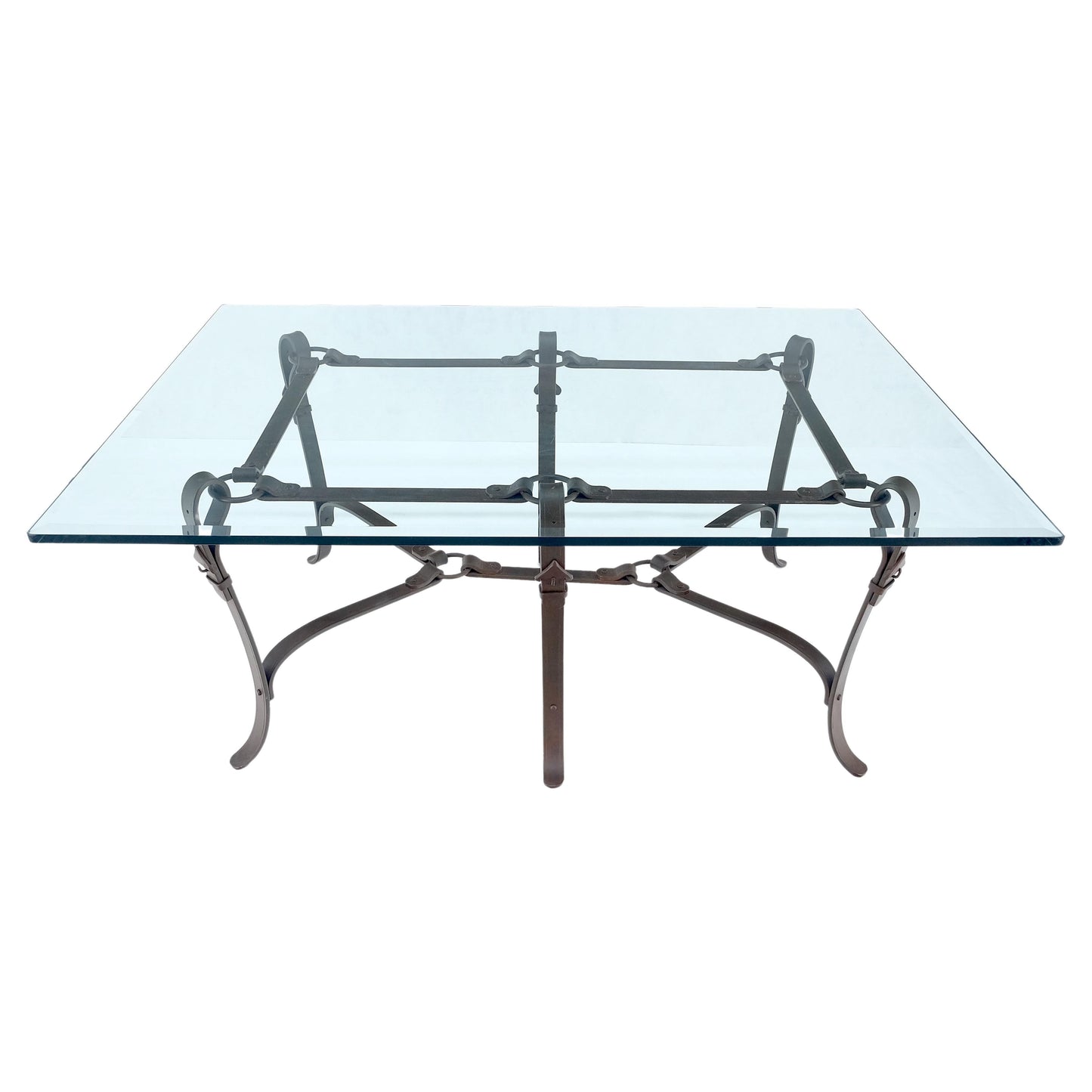 EstablishedLines Wrought Iron Faux Belts Rinded Together Base 3/4" Glass Top Large Coffee Table