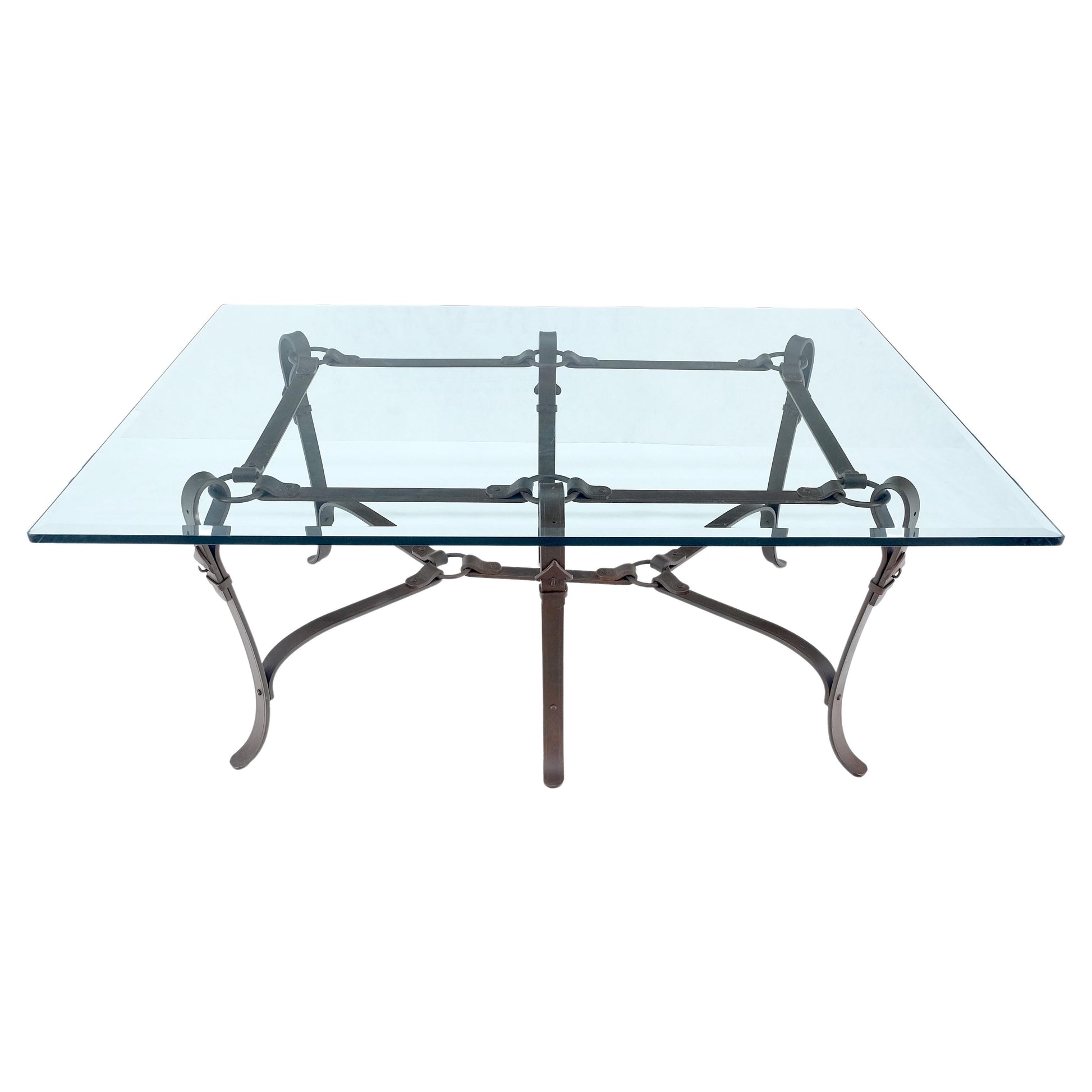EstablishedLines Wrought Iron Faux Belts Rinded Together Base 3/4" Glass Top Large Coffee Table