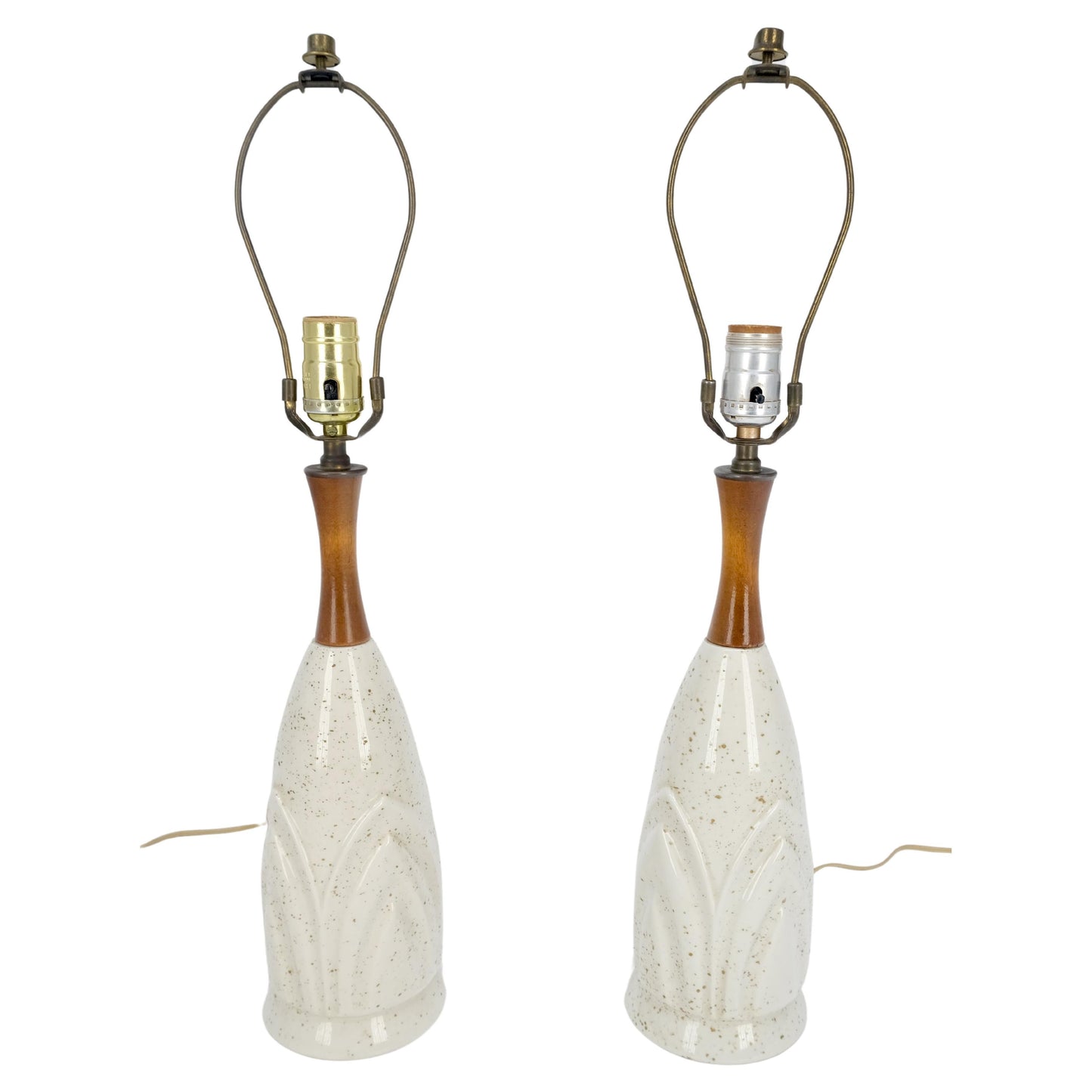 EstablishedLines Pair Mid Century Lotus Motive Ceramic Pottery & Turned Walnut Bases Table Lamps