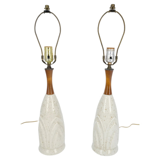 EstablishedLines Pair Mid Century Lotus Motive Ceramic Pottery & Turned Walnut Bases Table Lamps