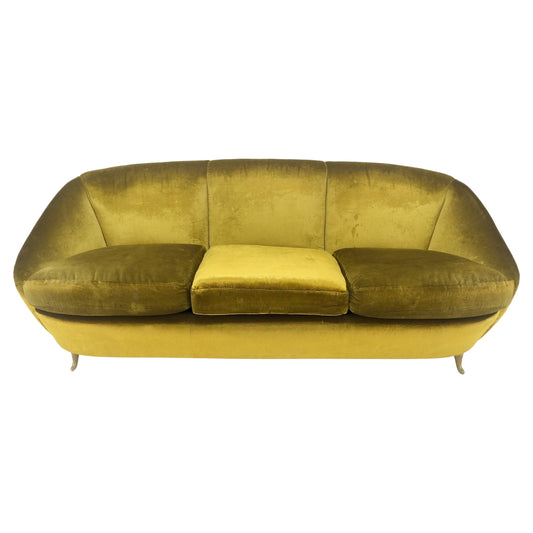 EstablishedLines Italian MId Century Modern Gold Velvet Upholstery Cloud Shape Sofa Cast Brass
