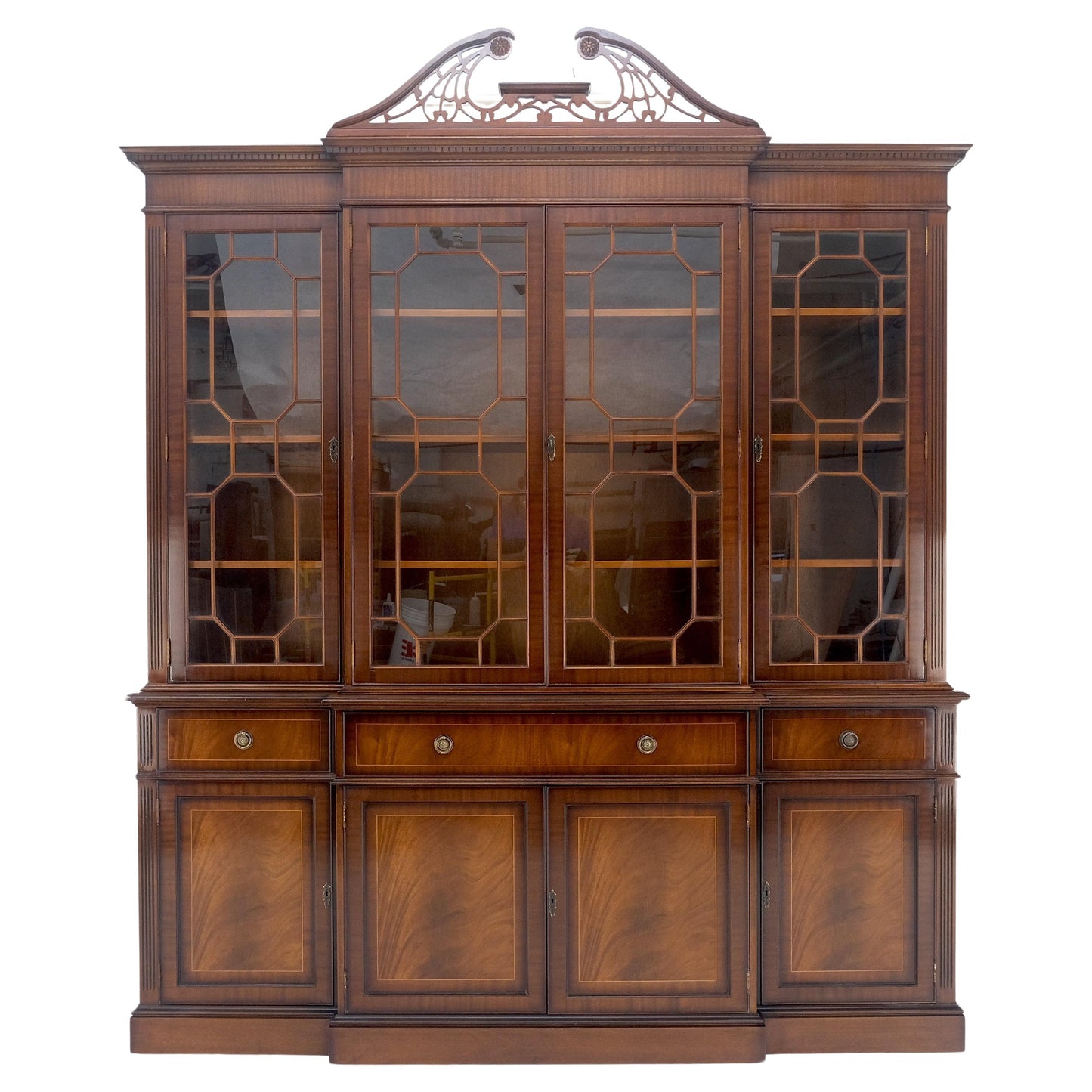 EstablishedLines Georgian Flame Mahogany Breakfront Bookcase Butlers Drop Desk Individual Glass