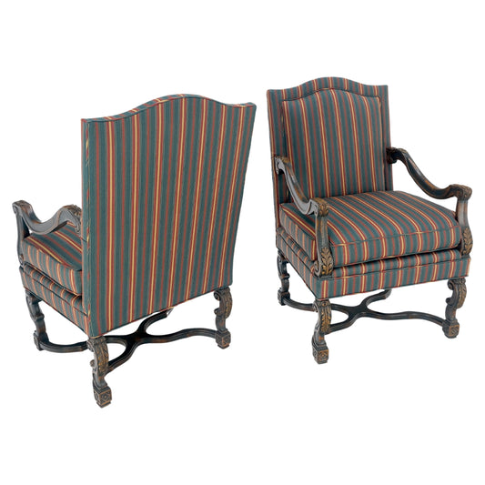 EstablishedLines Pair of Carved Bases & Arms Striped Upholstery Fire Side Arm Lounge Chairs MINT!