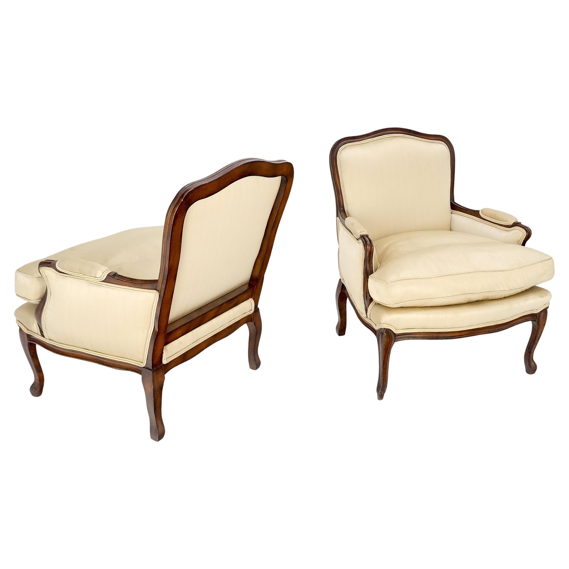 EstablishedLines Pair Down Filled Cushions Silk Like Upholstery Carved Legs French Lounge Chairs