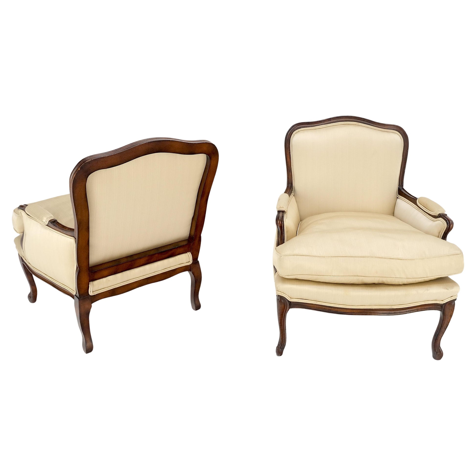 EstablishedLines Pair Down Filled Cushions Silk Like Upholstery Carved Legs French Lounge Chairs