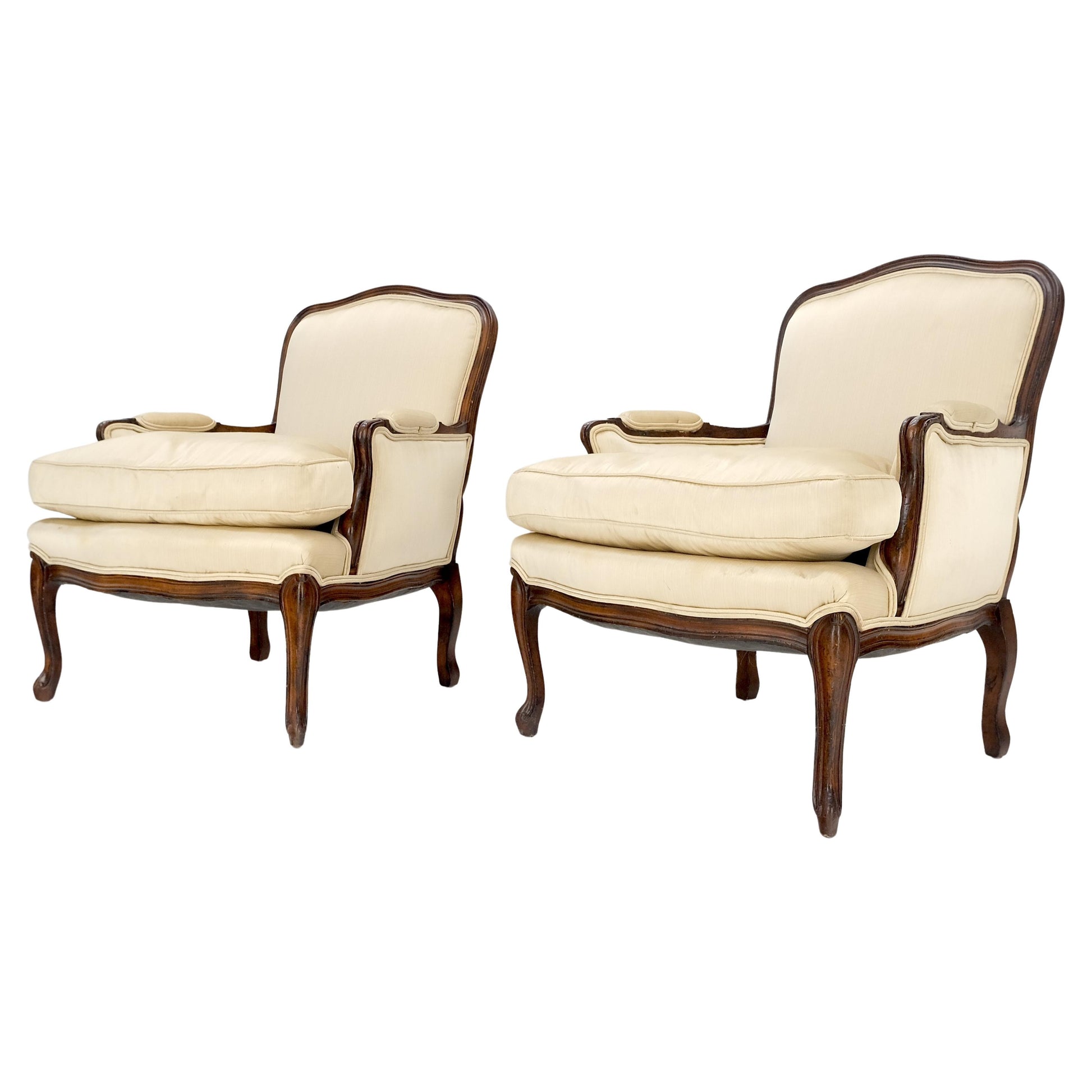 EstablishedLines Pair Down Filled Cushions Silk Like Upholstery Carved Legs French Lounge Chairs