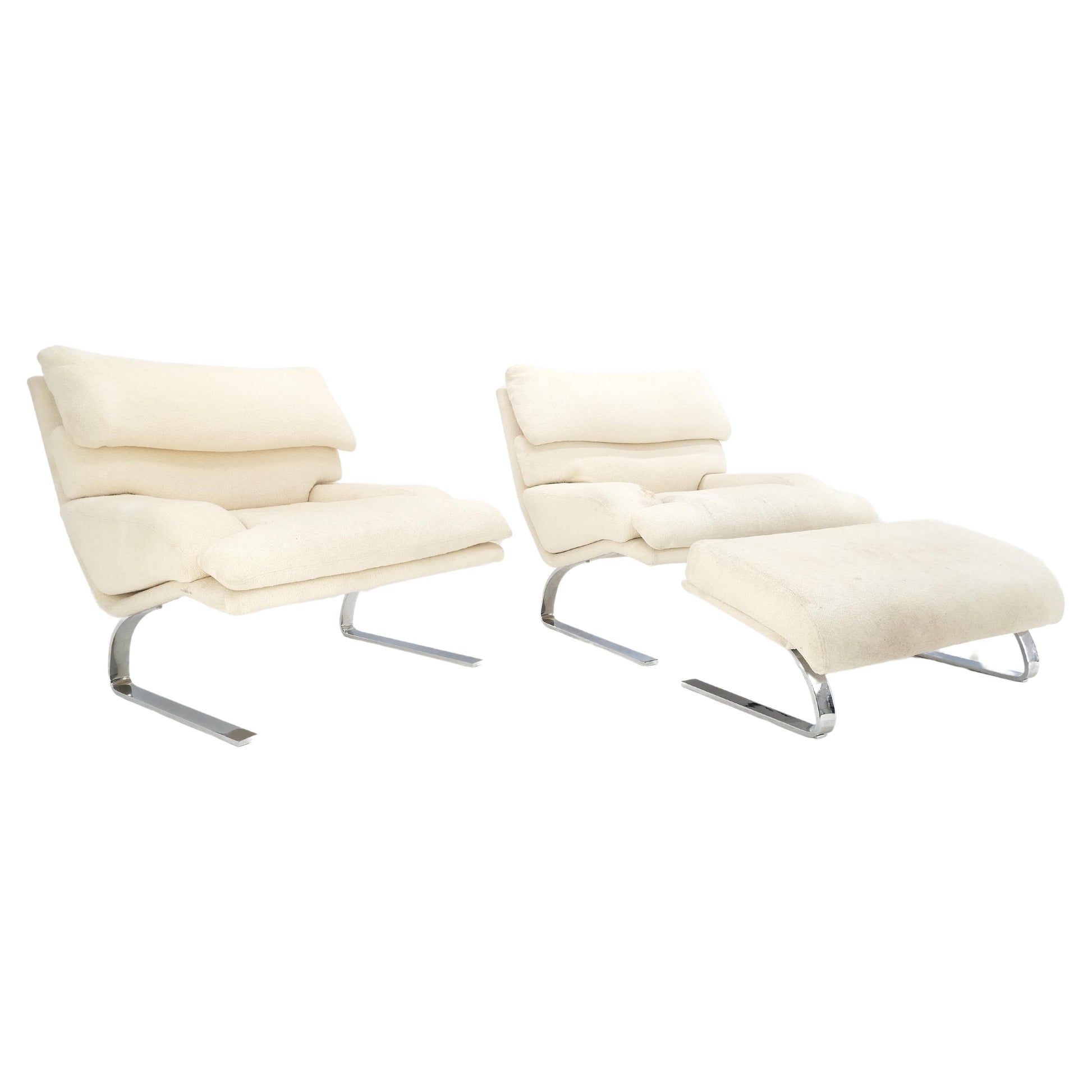 EstablishedLines Pair Giovanni Offerdi Chrome Bases Matching Ottoman Lounge Chair AS IS upholster