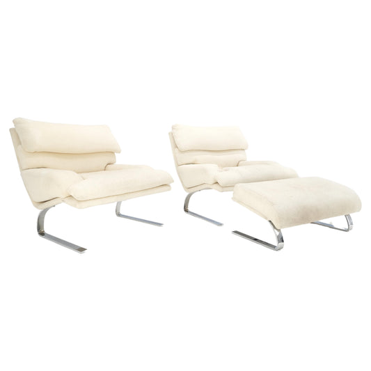 EstablishedLines Pair Giovanni Offerdi Chrome Bases Matching Ottoman Lounge Chair AS IS upholster