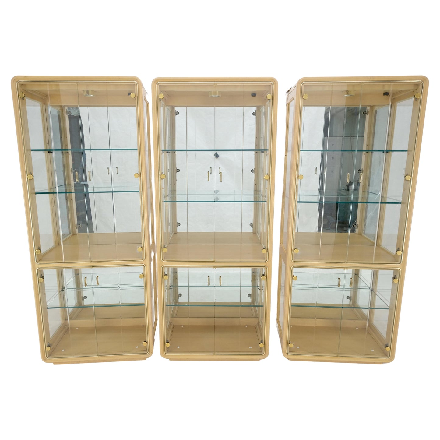 EstablishedLines 3 Blond Wood Glass Door Curio Cases Display Vitrine Cabinet Glass Shelves MINT!
