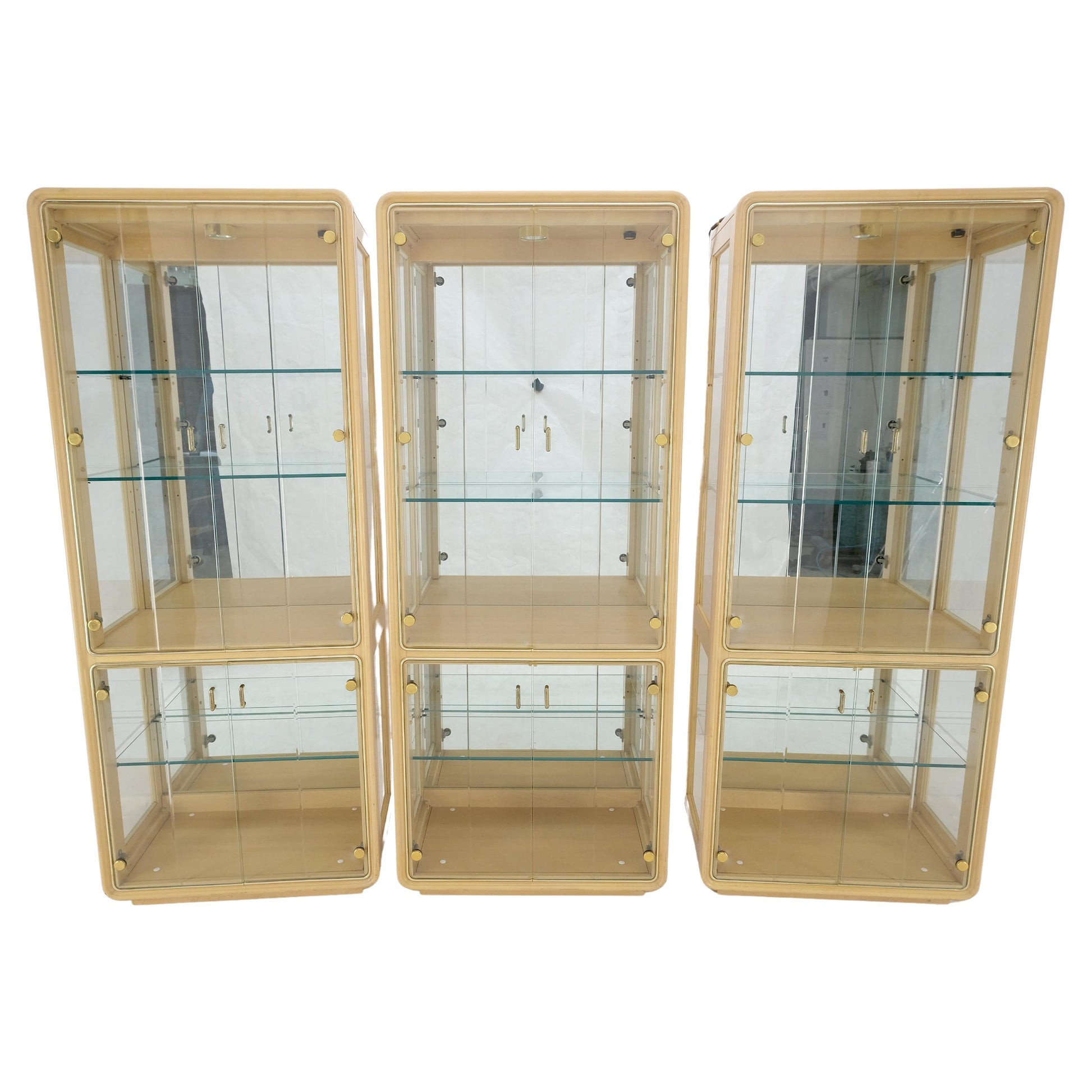 EstablishedLines 3 Blond Wood Glass Door Curio Cases Display Vitrine Cabinet Glass Shelves MINT!