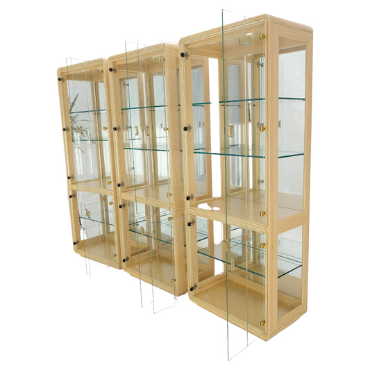 EstablishedLines 3 Blond Wood Glass Door Curio Cases Display Vitrine Cabinet Glass Shelves MINT!